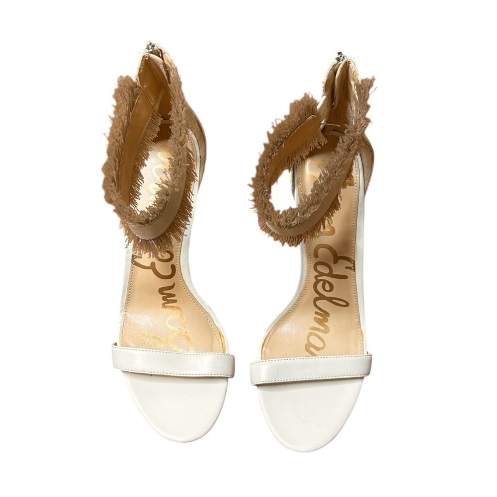 Sam Edelman Anabeth High Heels Sandals 8 Beige Leather Open Toe Zip Fringe - Picture 4 of 10